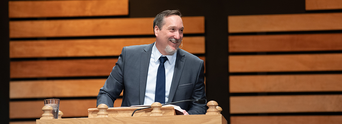 Senior Pastor Andy Briggs of Fair Haven Baptist Church preaches from the pulpit